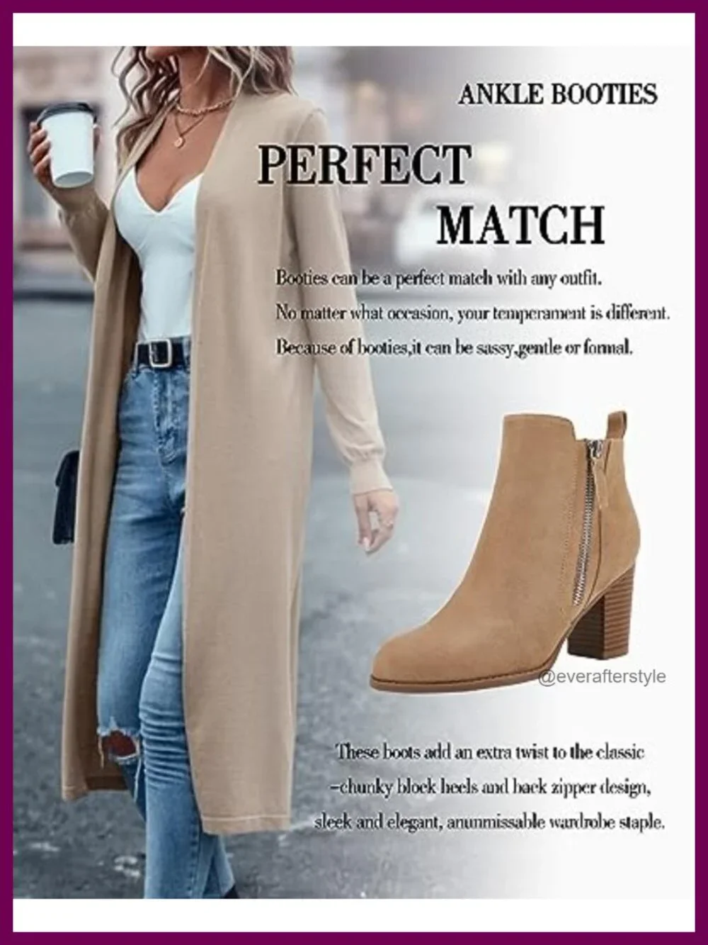 Chunky Block Heel Side Zipper Pointed Toe Suede Ankle Booties